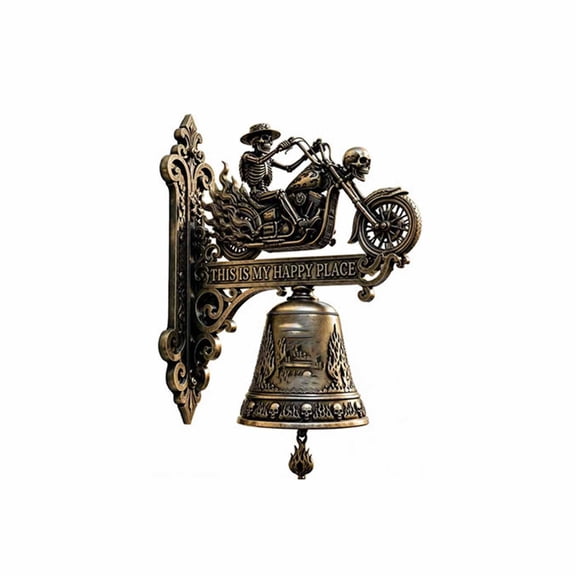 Metal Skeleton Motorcycle Rider Wall Bell, Antique Bronze Gothic Skull Flame Embossed Doorbell with Engraved Quote, Vintage Biker Wall Hanging Decor for Front Door Garage Home Ornament 6 Inch