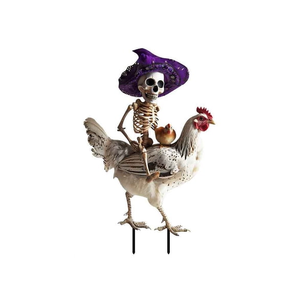 Metal Skeleton Rooster Yard Sign - 2D Halloween Chicken Skeleton Riding Rooster Outdoor Decoration for Garden, Patio & Backyard
