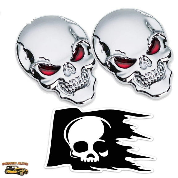 Metal Skull Car Emblem - Power Auto 2 pcs. Skull Head w/Red Eyes Emblems 3D Zinc Alloy Peel-N-Stick Plus Skull Skeleton Die-Cut Thick Durable Vinyl Weatherproof Decal Sticker (SILVER)