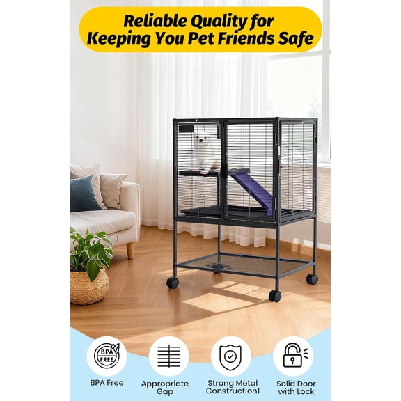 Metal Small Animal Cage, 34''H Multi-Level Ferret Cage for Small Animals - Large Hamster Cage with Ramp, Extra Storage Stand, Removable Tray for Chinchilla, Rabbit, Guinea Pigs, Hedgehog, Gerbil