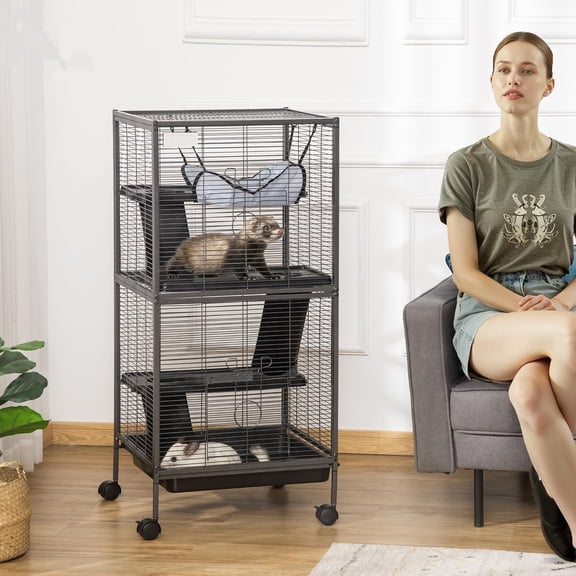 Metal Small Animal Cage, 4-Tiers Rolling Big Ferret Cage with Hammock, Removable Tray, for Chinchilla, Sugar Glider, Gray