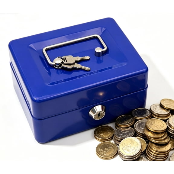Metal Small Money Organizer with Money Tray, Storage Safe Lock Box with 2 Keys, for Home, Office, Blue