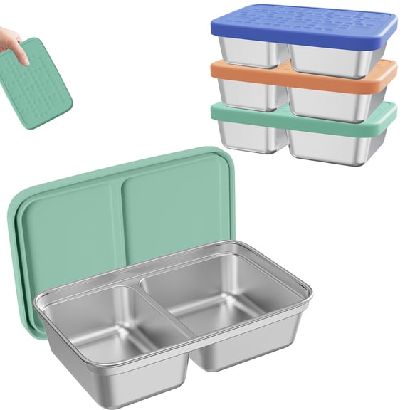 Metal Snack Containers with Lids 1000ML 2 Compartment Stackable Reusable Stainless Steel Food Box for Travel Camping Beach Outdoor Picnic Gym,Green& Fridge
