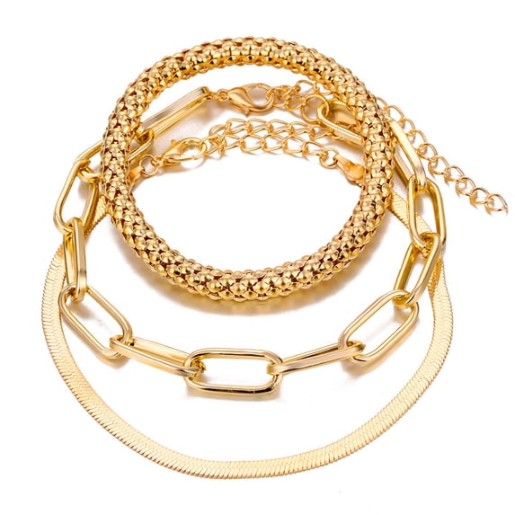 Womens Gold Plated Bracelet Set Multi-Layer Snake Bone Chain and Geometric Design with Gems Electroplated Finish