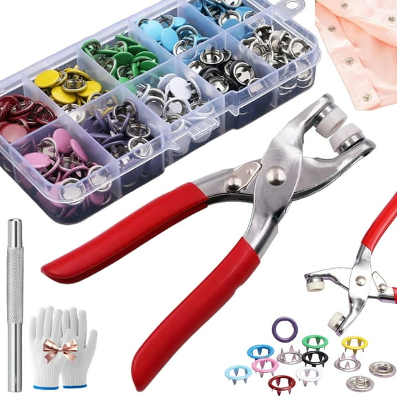 Metal Snap Buttons with Fastener Pliers Kit,Sewing Kit with 100PCS Metal Buttons Manual Pliers Tool Included Snap Fabric Clothing Fasteners, snap Button Kit with Fastener Tool (1Set)