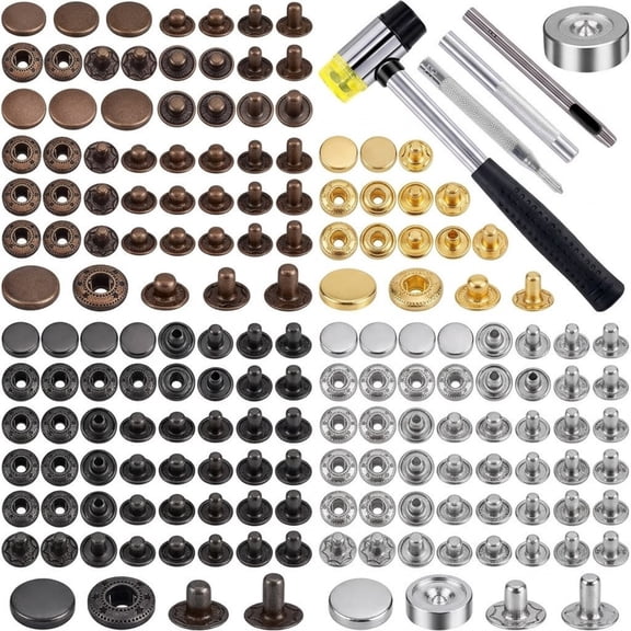 Metal Snap Fastener Kit, 120 Pieces of 12mm Snaps with Tools and Hammer, Durable Copper Zinc Alloy Buttons for Leather, Clothing, Bags, and DIY, in Gold, Silver, Bronze, and Matte Black