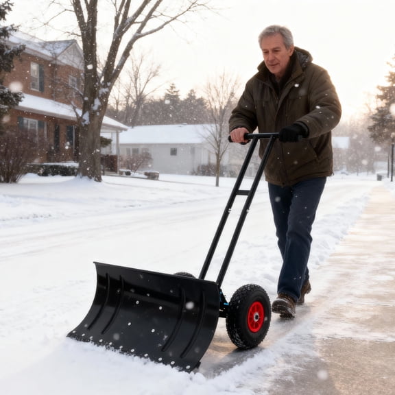 Metal Snow Pusher with 10" Wheels and High-Quality Blade, Ice Scraper with Adjustable Angle and Height Handle, Heavy Duty Ergonomic Shovel for Driveway, Sidewalk, Pavement, Black