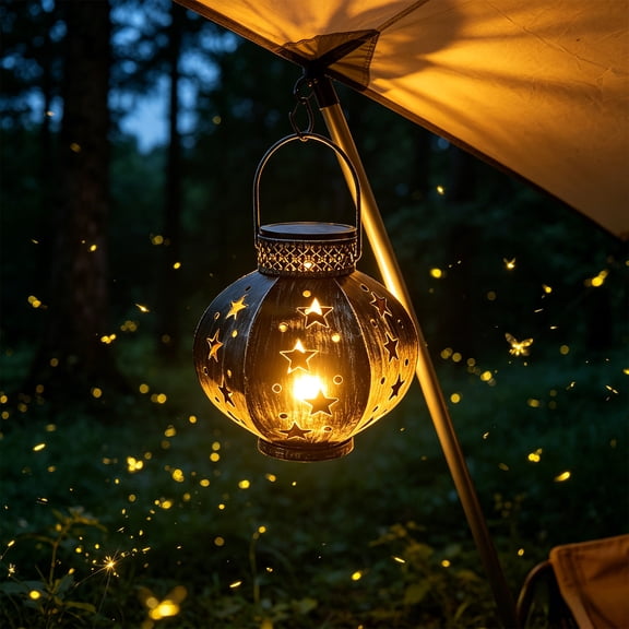 Metal Solar Powered Star Projection Lantern With Carry Handle, Waterproof Hanging Decor Light For Patio Balcony Backyard Path Landscape Ambient Layout & Housewarming Gift(7.48*3.35 in)Black