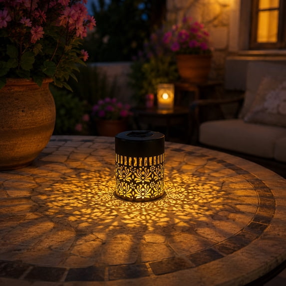 Metal Solar Powered Wall Light, Hollow Pattern Projection Lamp, Weather Resistant LED Hanging Light, Classic Outdoor Ornament for Yard, Fence, Patio and Backyard Garden Decoration, D