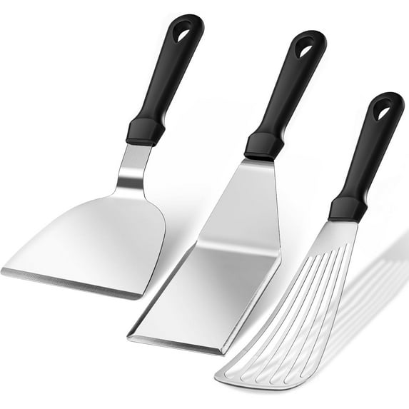 Metal Spatula Set, 18/0 Stainless Steel Spatulas & 18/8 SS Flexible Fish Spatula, Brushed Kitchen Utensil for Cast Iron Skillet, Frying Griddle Pancake Steak Meat Egg, Pack of 3