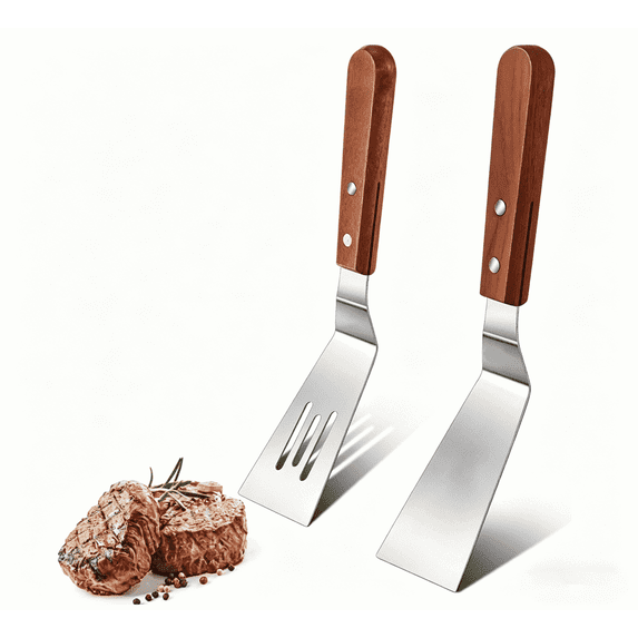 Metal Spatula Set, Stainless Steel Griddle Spatulas with Wooden Handle, Slotted & Solid Turner for Cooking, Baking, BBQ, Grilling