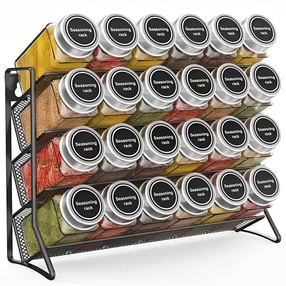 Metal Spice Organizer Rack Free Standing & Wall-Mount Seasoning Jars Shelf hold 24 Spice Jars for Kitchen,Black