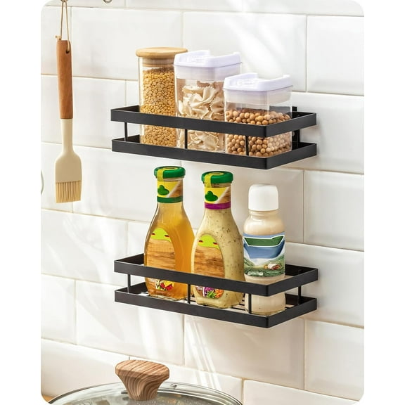 Metal Spice Rack Wall Mount Floating Shelves 2 Pack Black Storage organizer for Cabinet Door Pantry Kitchen Bathroom Supplies (9.8inches length)