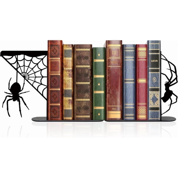 Metal Spider and Spider Web Bookend, Farmhouse Decorative Animal Book Ends, Unique Bookends, Gothic Halloween Decor, Cute Spooky Goth Book Ends for Shelves Kitchen, Black
