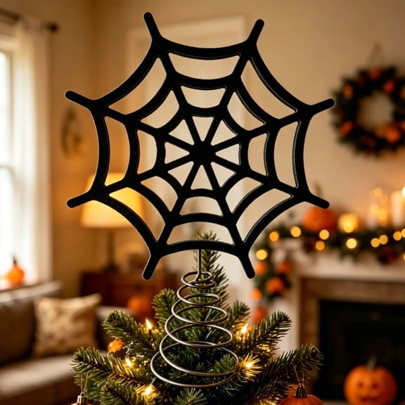 Metal Spider Web Tree Topper Halloween Gothic Tree Top Ornament With Spring Stand For Halloween Indoor Party Mantel Shelf Home Decor(Black-11.")
