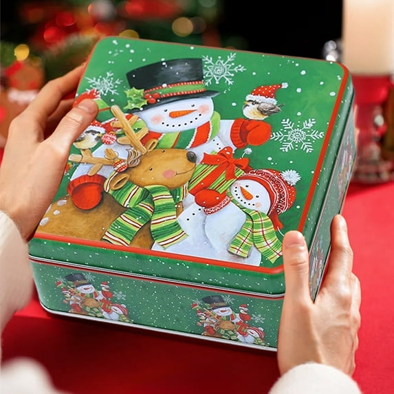 Metal Square Festive Christmas Cookie Tins - with Lid, Festive Storage for Candy, Snacks, Party Decor Favor Gift Box