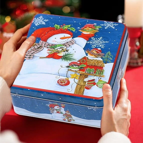 Metal Square Festive Christmas Cookie Tins - with Lid, Festive Storage for Candy, Snacks, Party Decor Favor Gift Box
