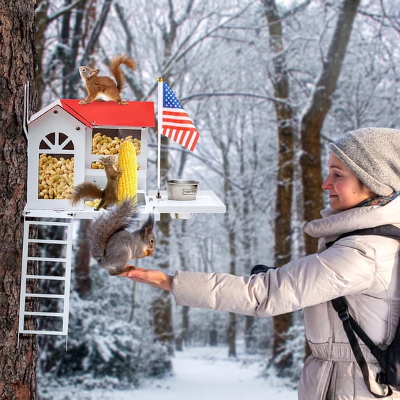 Metal Squirrel Feeder for Outside with Water Bowl, Hanging Squirrel House for Outdoors with Flag Ladder and Corn Cobs Holder, Peanut Feeder for Chipmunks, Mount on Trees or Fences