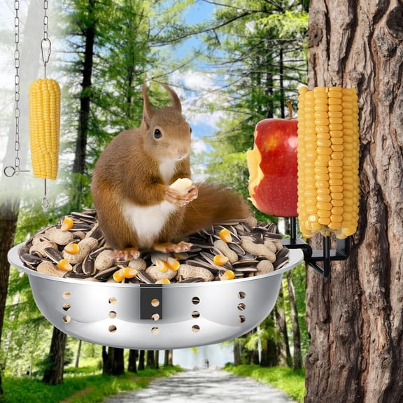 Metal Squirrel Feeders for Outside with Hanging Feeder (1-Rod), Squirrel House for Outdoor, Bowl Tree Mounted of Chipmunk Feeder, Food for Backyard Squirrels Hold Corn, Corn Cob, Peanuts (7.8Inch)