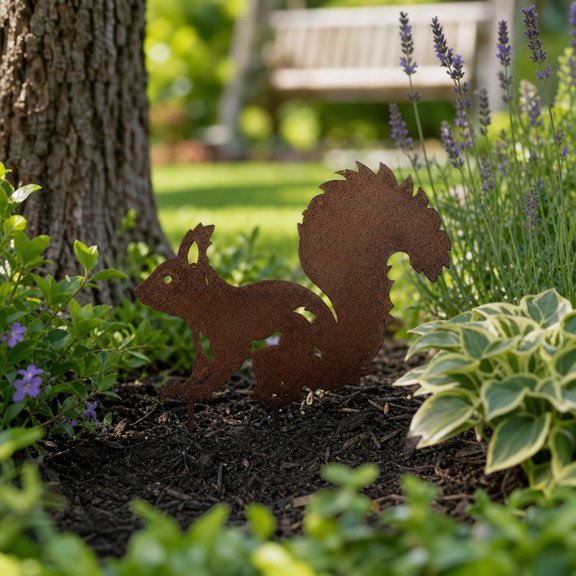 Metal Squirrel Garden Statue on Branch, Rustic Woodland Animal Figurine, Outdoor Yard Art Decor for Lawn Fence Tabletop Porch