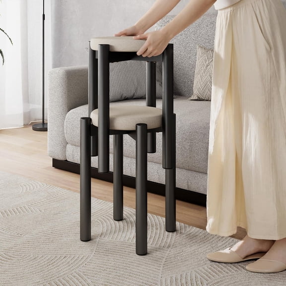 Metal Stackable Stools Set Of 2 18" Backless Round Barstools Chairs Black Side Table Multifunctional Space Saving 18 Inch Dining Stool For Living Room