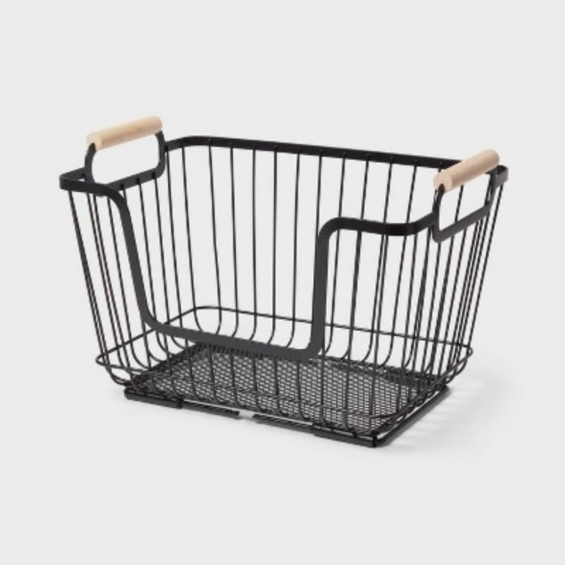 Metal Stackable Wire Pantry Basket with Rubber Wood Handle Black - Kitchen Storage Organizer, 9"x13.5"