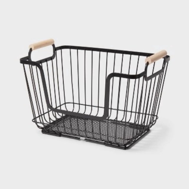 Metal Stackable Wire Pantry Basket with Rubber Wood Handle Black