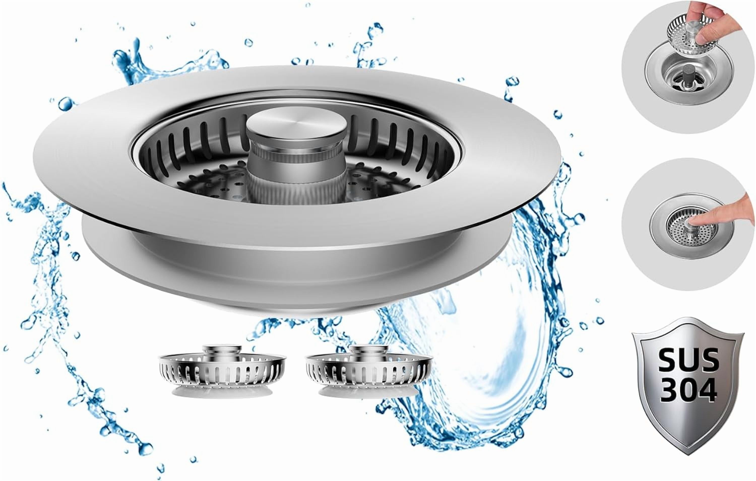 All Metal Stainless Steel 3 in 1 Kitchen Sink Drain Strainer and Stopper Combo, Upgraded Sink Stopper, 3 Anti-Clogging Stainless Steel Basket Strainer with Handle for US Standard 3-1/2" Drain
