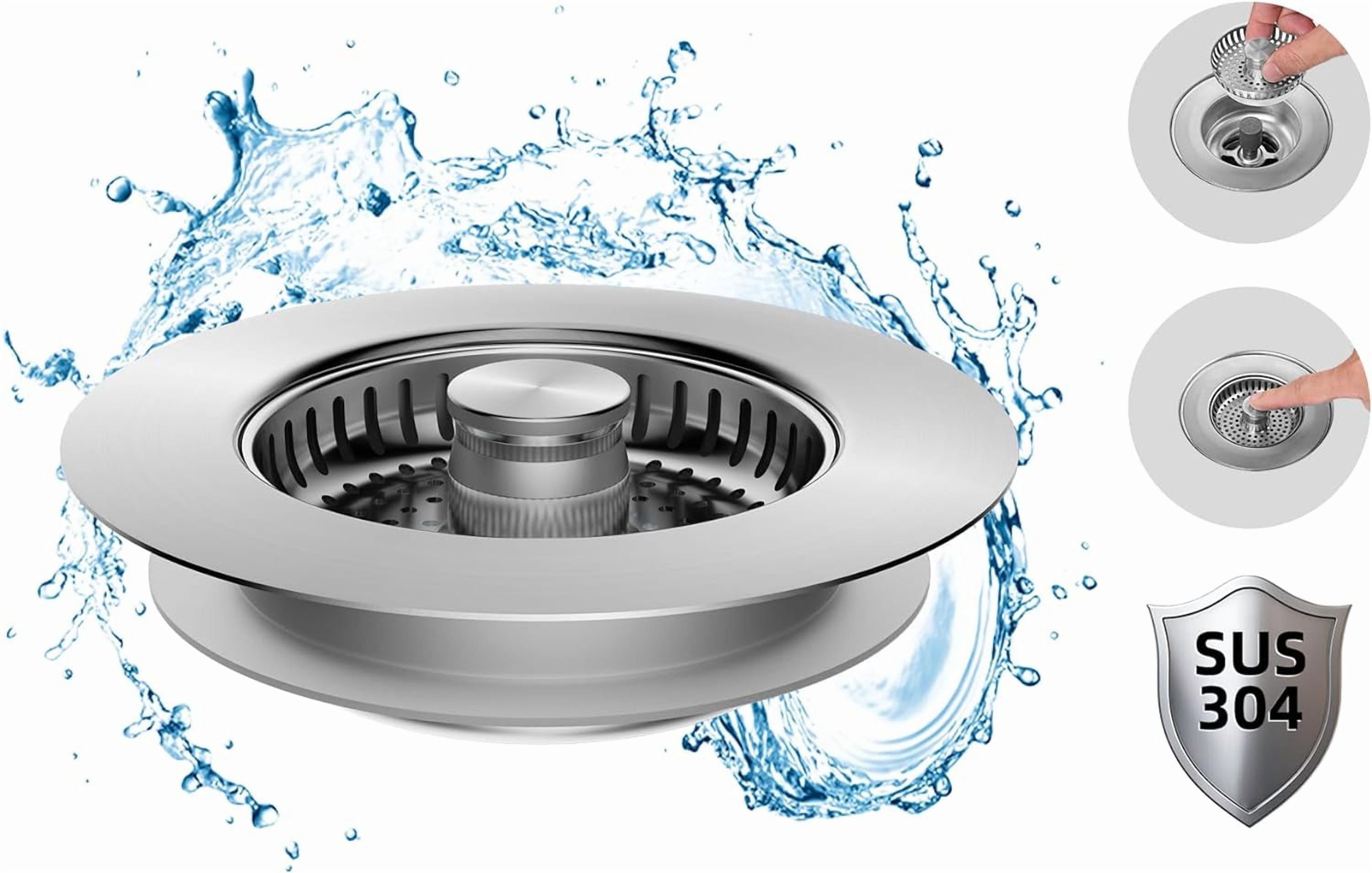 All Metal Stainless Steel 3 in 1 Kitchen Sink Drain Strainer and Stopper Combo, Upgraded Sink Stopper, Anti-Clogging Stainless Steel Basket Strainer with Handle for US Standard 3-1/2" Drain