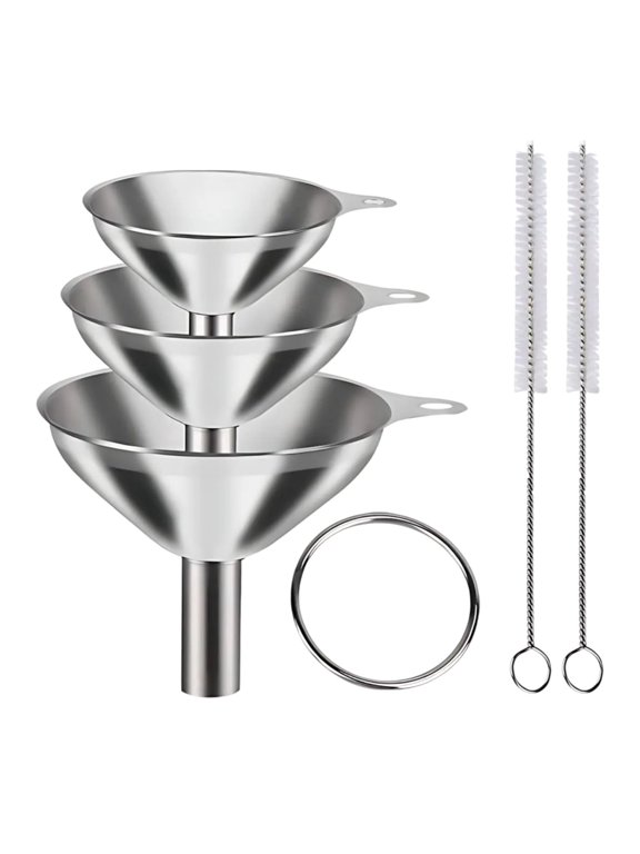 Metal Stainless Steel Funnel, Large Medium Small Funnel Set of 3, Mini Funnels for Kitchen Use Filling Bottles Flask Cooking (2 Brush)