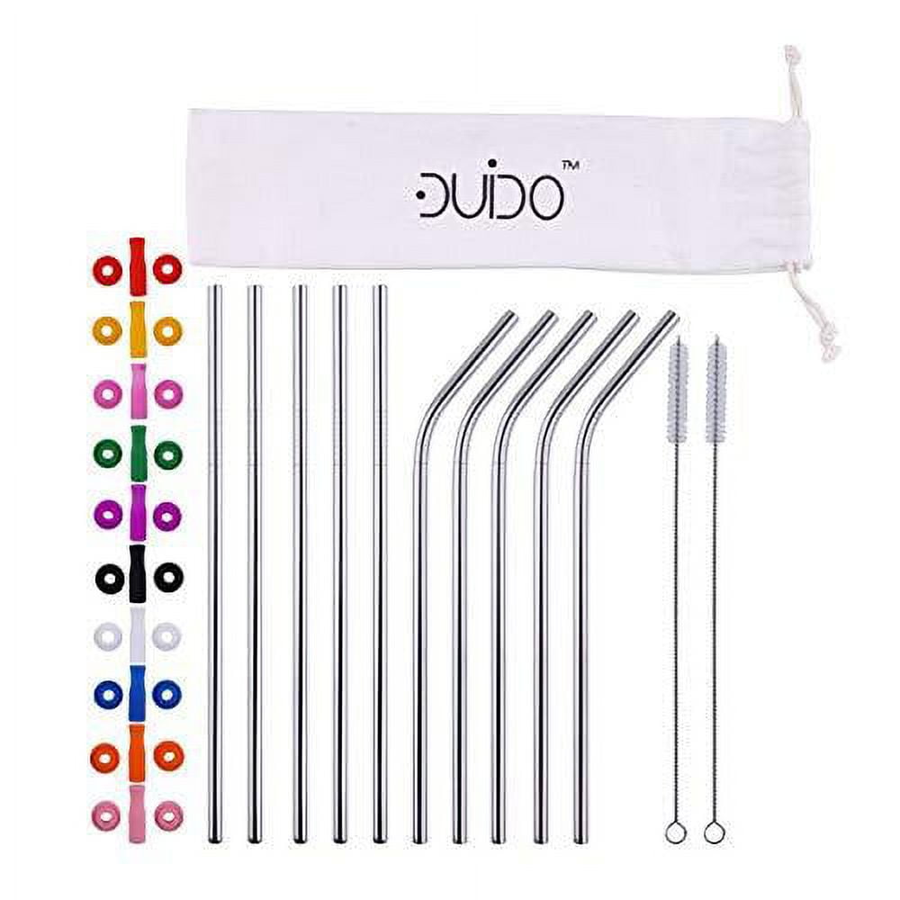 Reusable Stainless Steel Straws -(10 Pack) with Silicone Tips, Cleaning Brushes and Storage Pouch - 10.5, 8.5 inch Reuse Straight and Curved Metal