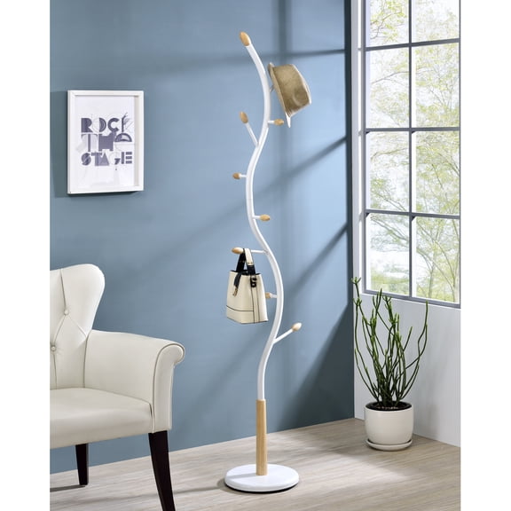 Metal Standing Coat Rack with 9 Hooks, Heavy Duty Freestanding Hat Stand, Modern Hall Tree with Walnut Wood Accents, Tall Entryway Coat Rack, 74.8 Inch,White