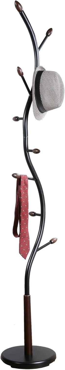 Black Metal Freestanding Coat Rack with Walnut-Tipped Hooks