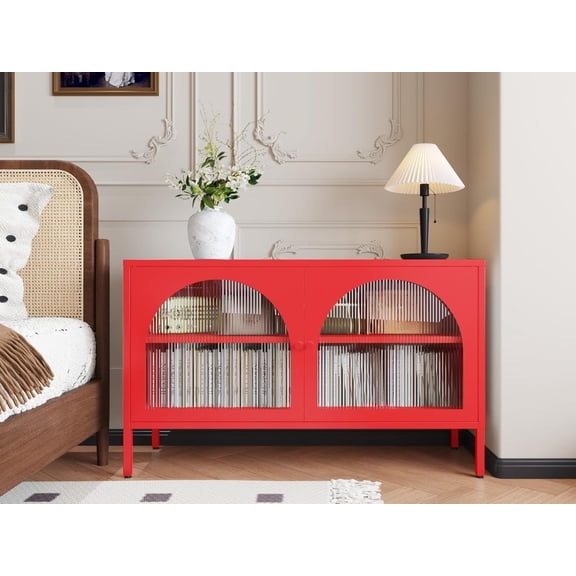 Metal Standing Storage Cabinet with Transparent Door for TV, Red