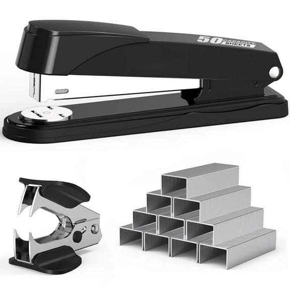 BAODELI Heavy Duty Metal Stapler, 50-Sheet Capacity, Includes Staples & Remover, Black, Full Strip for Office Desk