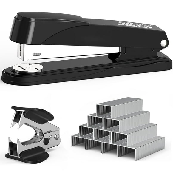 Metal Stapler Heavy Duty 50 Sheet Capacity with 1500 Staples and Staple Remover, Black Stapler Full Strip Staplers for Desk, No Jam, Non-Slip Office Stapler with Staples for Office & Classroom, Black