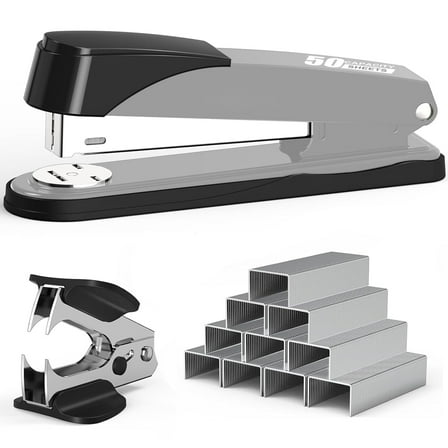 Metal Stapler Heavy Duty 50 Sheet Capacity with 1500 Staples and Staple Remover, White Stapler Full Strip Staplers for Desk, No Jam, Non-Slip Office Stapler with Staples for Office & Classroom, Gray