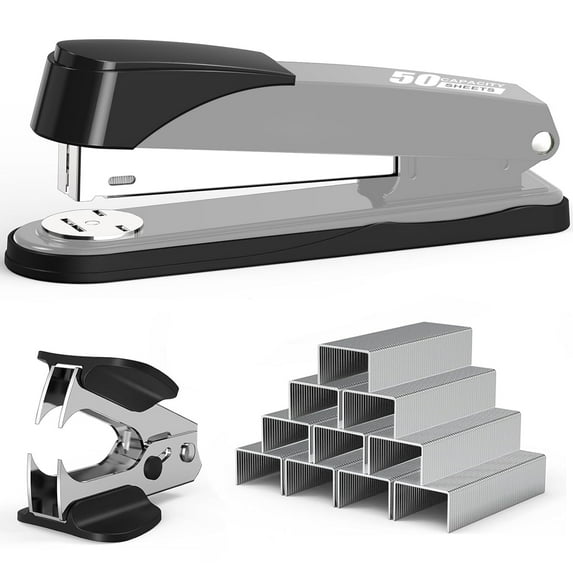 Metal Stapler Heavy Duty 50 Sheet Capacity with 1500 Staples and Staple Remover, White Stapler Full Strip Staplers for Desk, No Jam, Non-Slip Office Stapler with Staples for Office & Classroom, Gray
