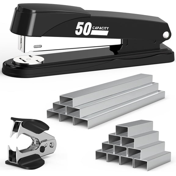 Metal Stapler Heavy Duty 50 Sheet Capacity with 1750 Staples and Staple Remover, Full Strip Staplers for Desk, No Jam, Non-Slip for Office & Classroom, Black