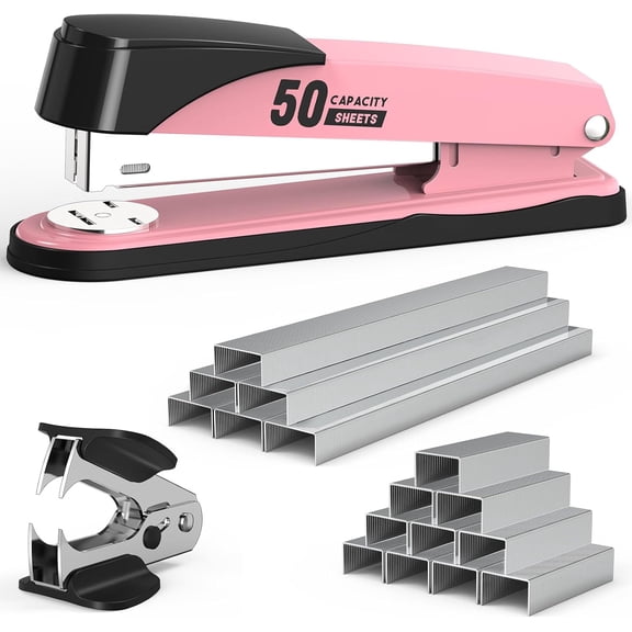 Metal Stapler Heavy Duty 50 Sheet Capacity with 1750 Staples and Staple Remover, Full Strip Staplers for Desk, No Jam, Non-Slip for Office & Classroom, Pink