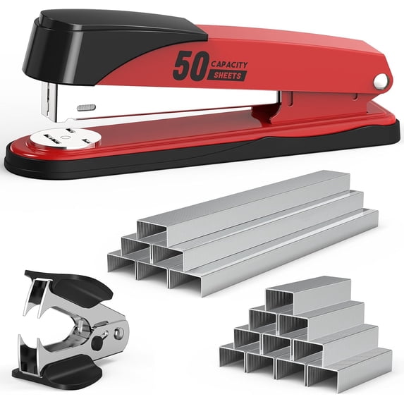 Metal Stapler Heavy Duty 50 Sheet Capacity with 1750 Staples and Staple Remover, Full Strip Staplers for Desk, No Jam, Non-Slip for Office & Classroom, Red