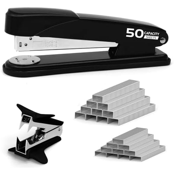 Metal Stapler Heavy Duty 50 Sheet Capacity with 2000 Staples and Staple Remover, No Jam, Non-Slip Stapler for Desk, Black Office Supplies for Teacher, Office Clerks