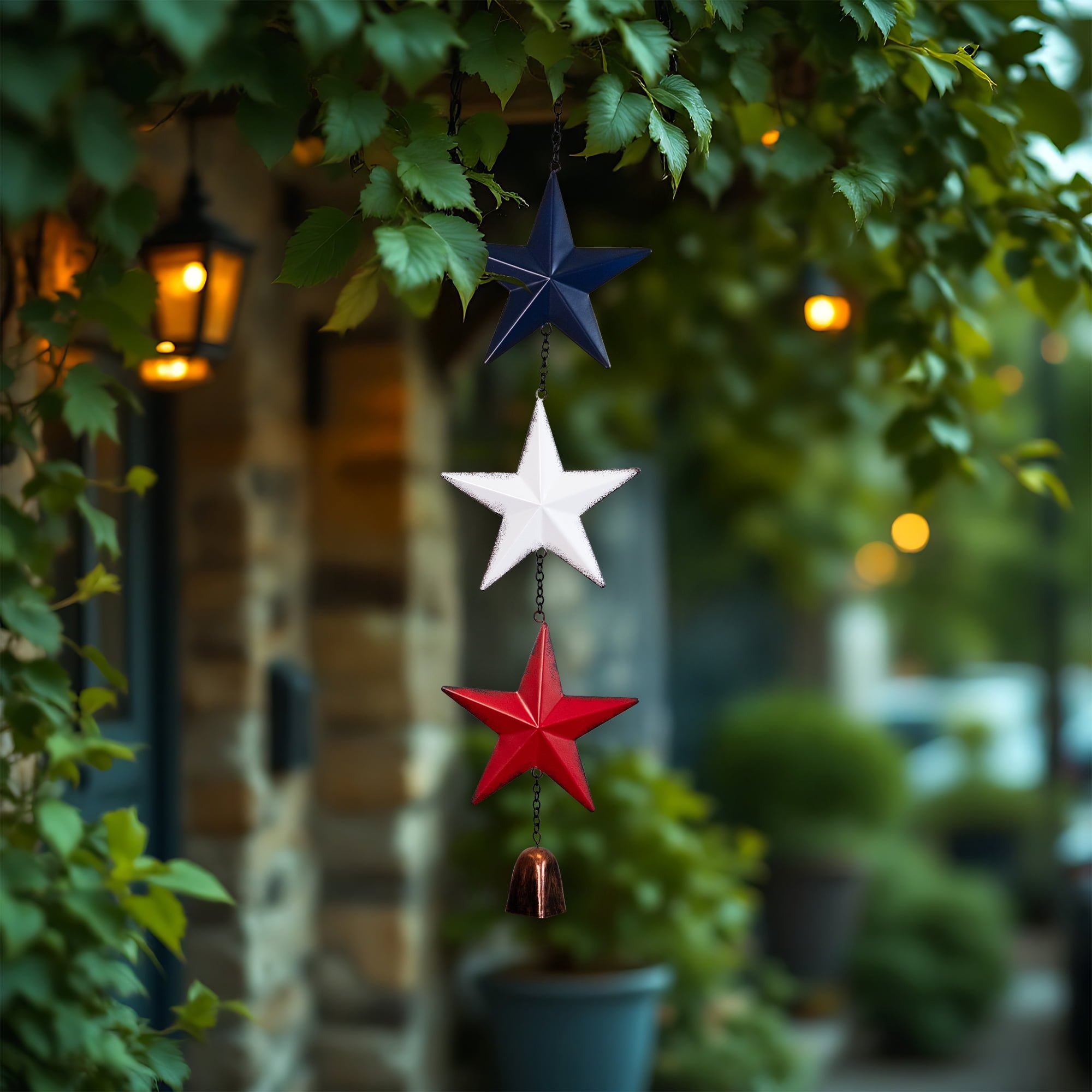 Metal Stars and Bell Hanging Patriotic Wind Chime Decoration - 26"