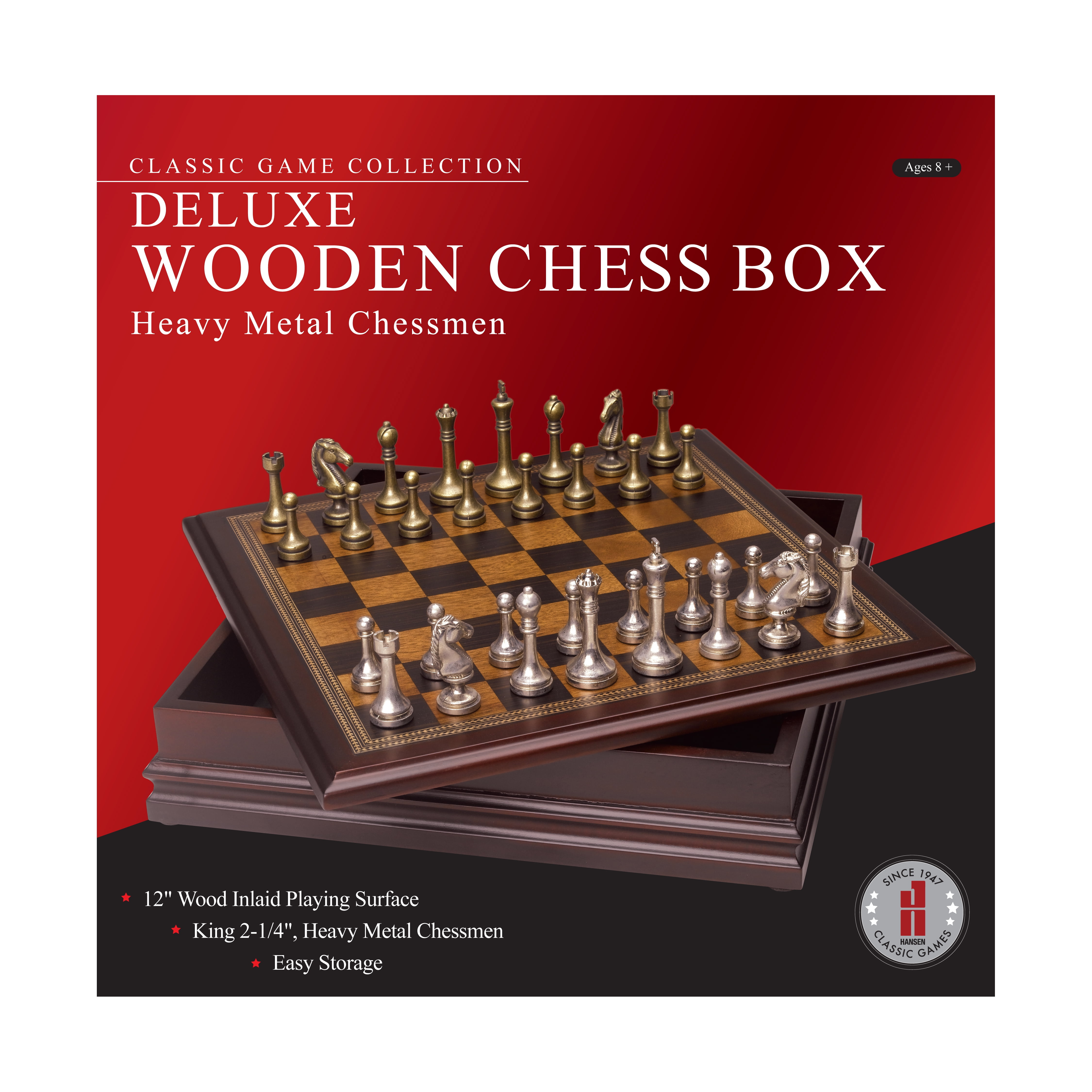 Deluxe Wooden Chess Box with Heavy Metal Chessmen, 12" Board