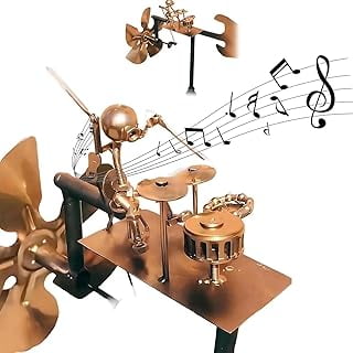 Metal Steampunk Drummer Windmill Garden Decoration - Handmade Outdoor Kinetic Sculpture, Steampunk Yard Art with Rust-Proof Design, Easy Install for Patio, Lawn and Music Lovers (1pcs)