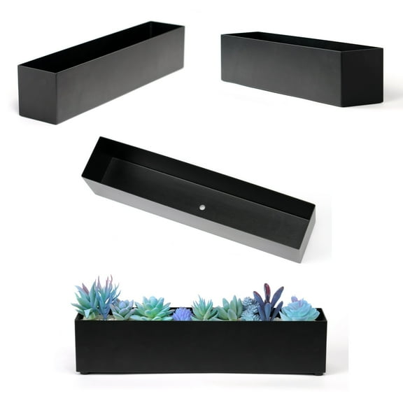 Metal Steel 16" Window Box Rectangular Succulent Planter Box Table Sill Plant Pots Modern Long Durable for Small Herb with Drainage Hole for Indoor Outdoor, with 4 Free Rubber Mats, Black