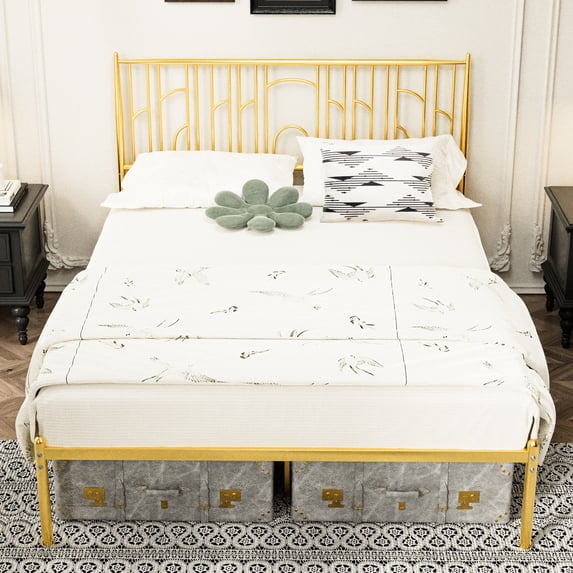 Metal Steel Queen Bed Frame, Decorative Design - Provides 12 - inch Under - bed Storage