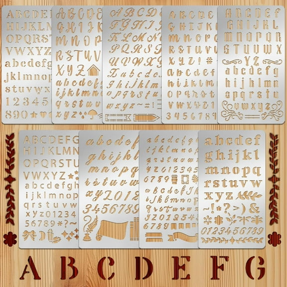 Metal Stencil 9 Pack Letter Stencils 4 x 7 Inch Wood Burning Stencils Stencils for Journaling Reusable Alphabet Number Templates Calligraphy Stencils for Drawing Engraving Scrapbooking