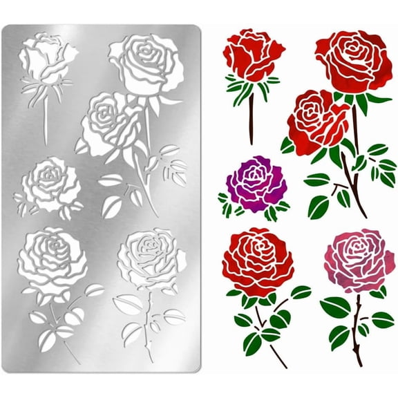 Metal Stencil for DIY Craft Wood Burning Rose Stencil Stainless Steel Reusable Flower Stencils Templates Wood Carving Floral Stencils for DIY Woods Pyrography Engraving DIY Craft