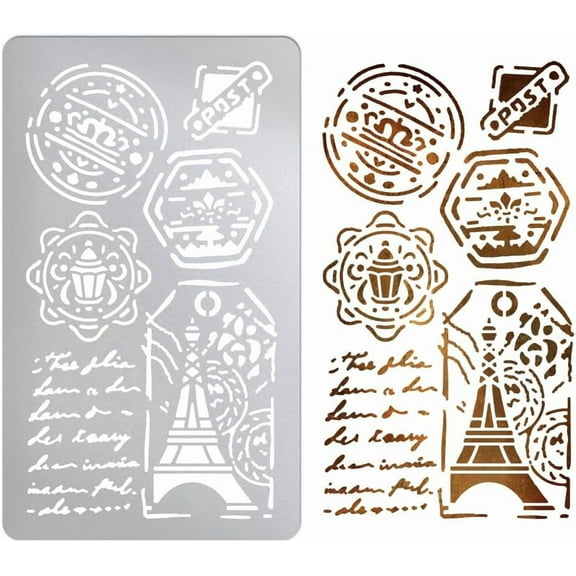 Metal Stencil French Postmark Element Stencils Stainless Steel Reusable Templates for Journaling French Script Writing Stencils for Wood Burning Carving Painting Scrapbooking Colorful